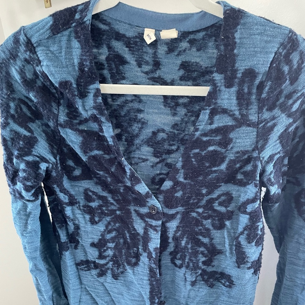 Anthropologie blue knit and flocked floral design cardigan size small